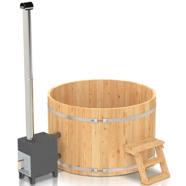 Holzbadefass Rund Fichte mit Ofen und Edelstahlband