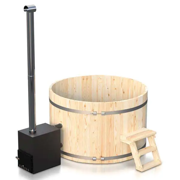 Holzbadefass Rund mit Ofen und Edelstahlband