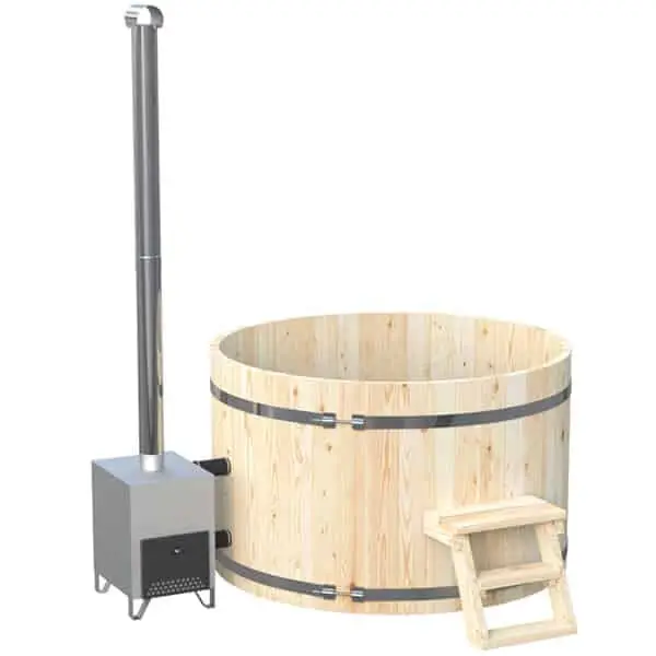 Holzbadefass Rund mit Aussenofen und Edelstahlband