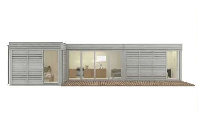 Tiny Haus 42qm L-Form Freigestellt Außenansicht Front