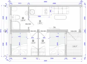 modularer Camping Pod Grundriss Ausstattung