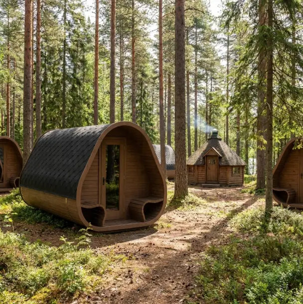 Camping Pod Oval mit Kota im Hintergrund